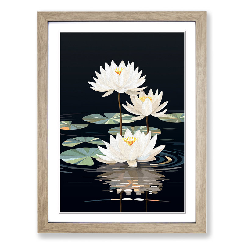 Water Lily Art Deco No.3 - Framed Print, 46cm H x 34cm W x 2cm D, Oak
