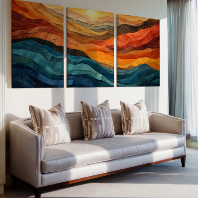 3 Pieces Exculisive Sunset Layered Mountain Wall Art Orange and Teal Panoramic Landscape Canvas, Canvas Decor for Living Room, Bedroom and Office