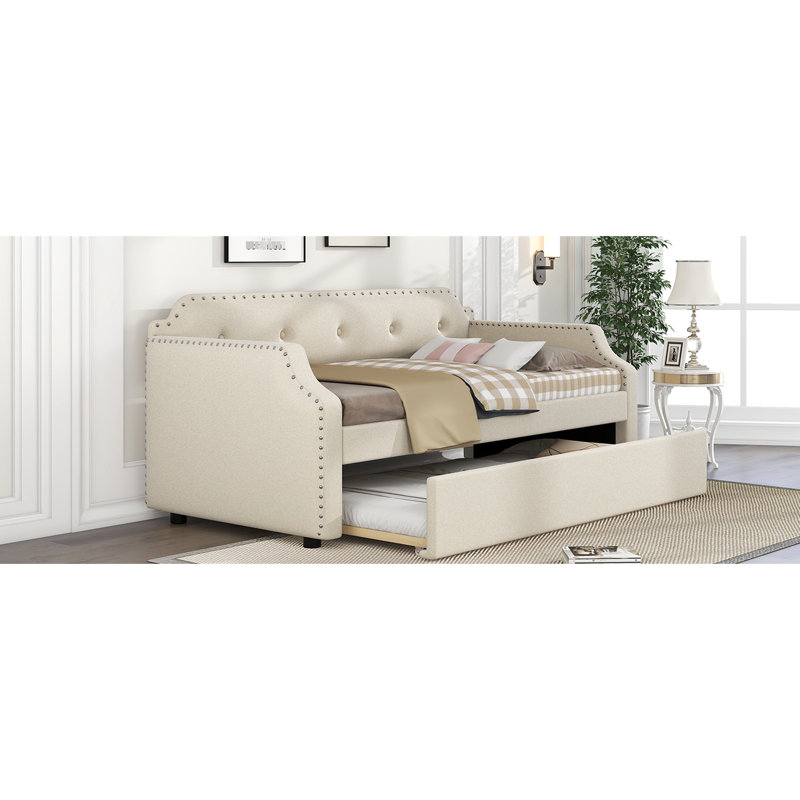 Beige Twin Upholstered Daybed With Trundle And Storage Space Trundle, Padding, Beige