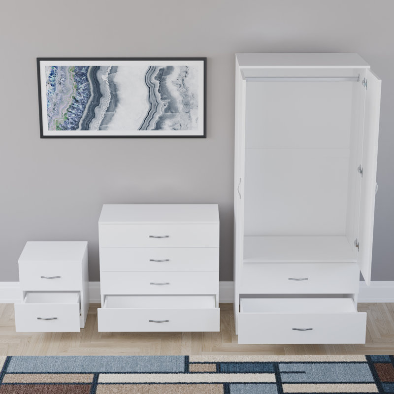 Maybery 3 Piece Bedroom Set (2 Drawer Bedside Chest, 4 Drawer Chest, 2 Door 2 Drawer Wardrobe), (4), White