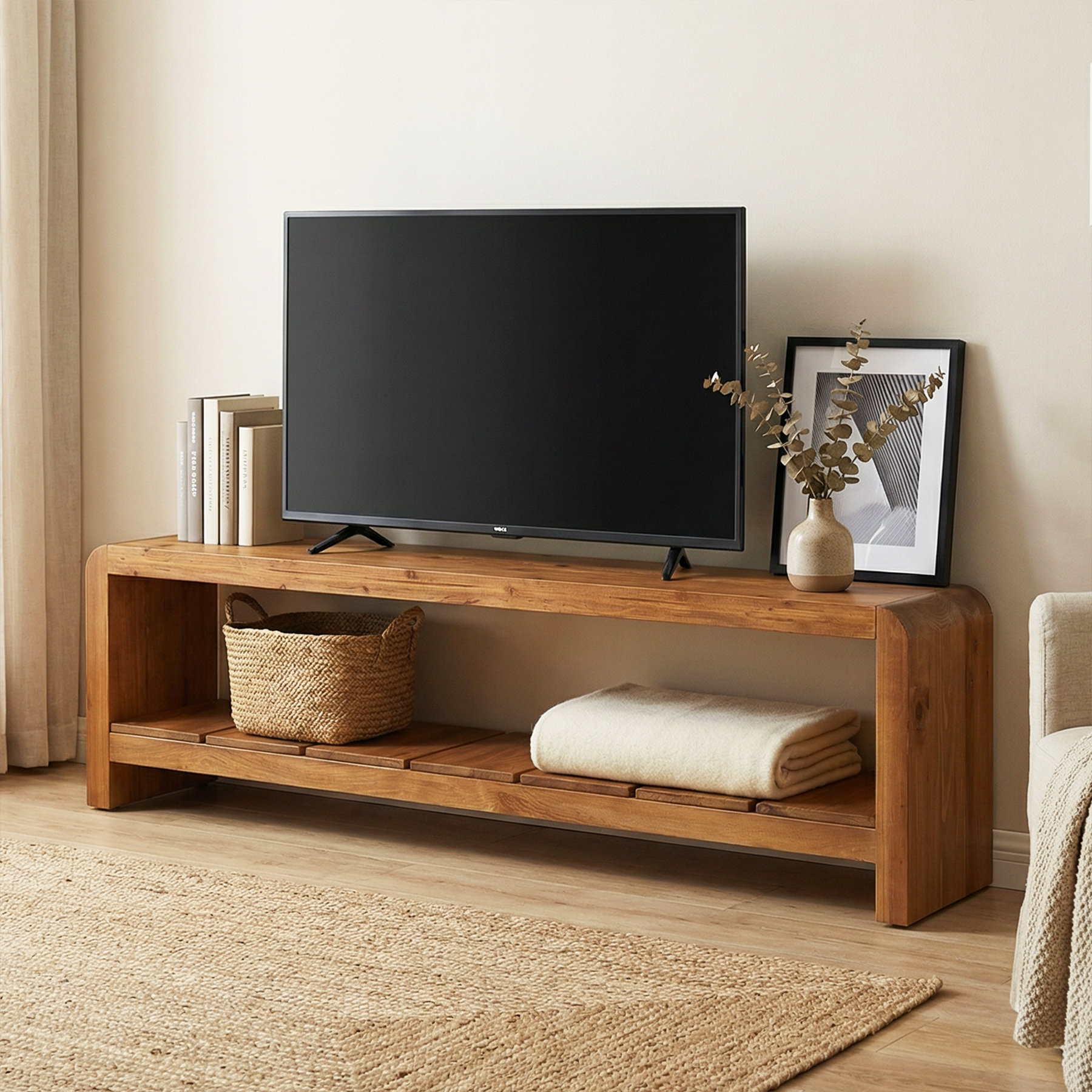 Solid Wood TV Stand Fits TVs up to 55", Farmhouse Entertainment Center with Storage Shelf - Walnut
