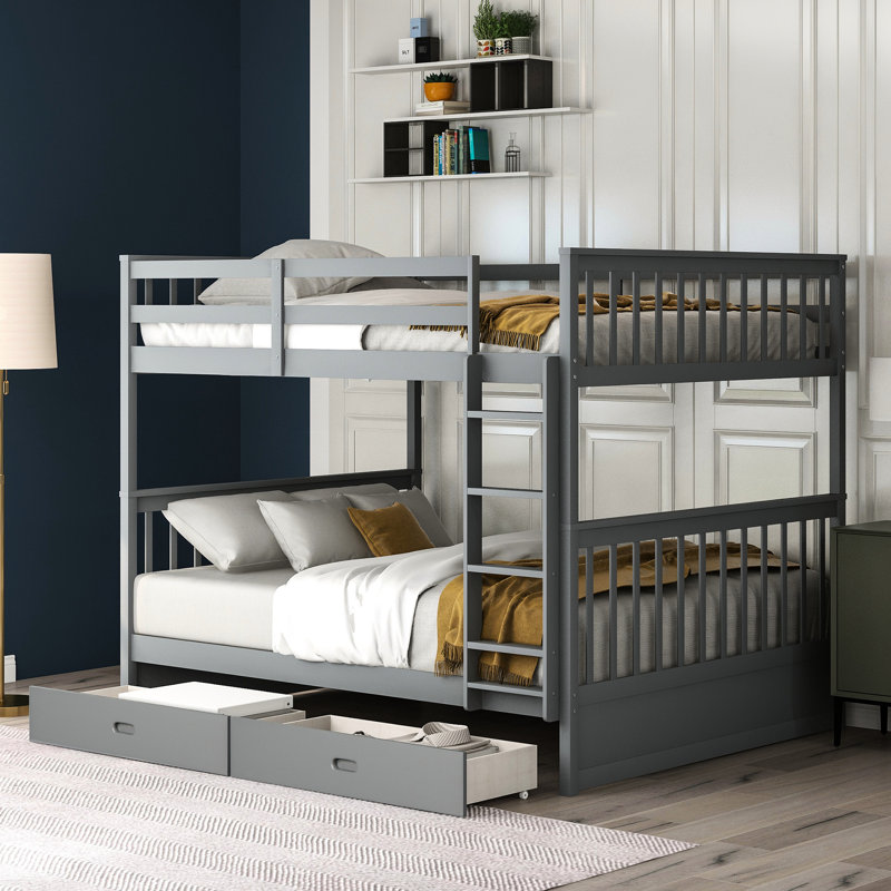 Lit superposé gris - avec tiroirs et lit à échelle sécuritaire, deux rangements, Gris