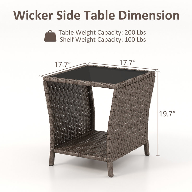 Outdoor Side Table Wicker Rattan Side Tables, End Table For Patio With Glass Top Rattan Storage, Black, Light Brown