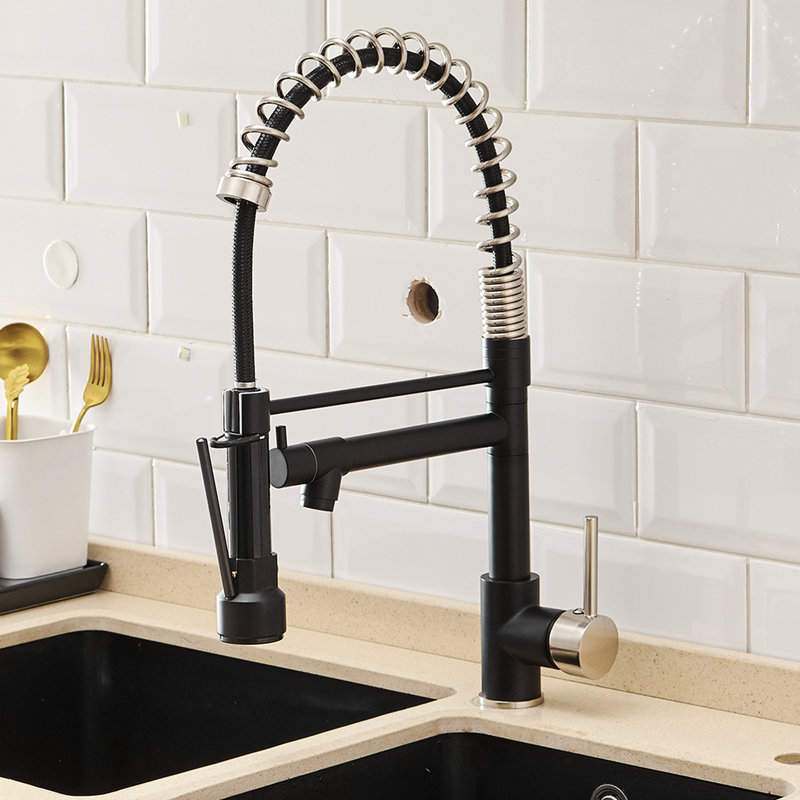 Pull Down Kitchen Faucet, Dual Settings, Black+Silver, 360-Degree Swivel For Kitchens Black And Silver Sink Faucet With , Swivel, Contemporary