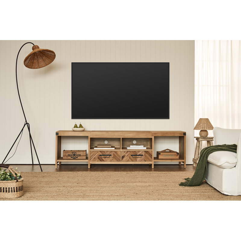 74.4" Natural Brown Solid Wood TV Stand, Herringbone Patchwork Drawers, 2 Open Cubbies & Side Shelves with Cable Management