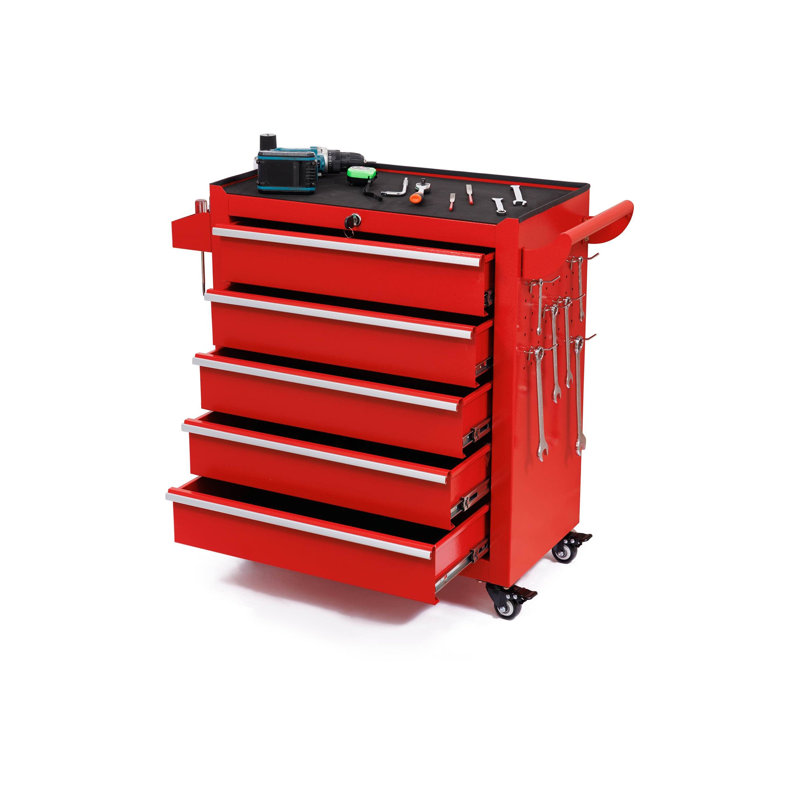  5 Drawer Rolling Tool Cabinet with Lockable Storage and Wheels, Red