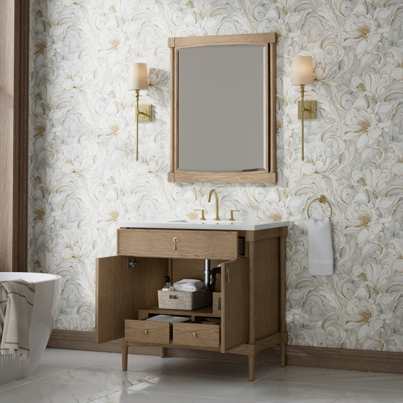Kinnsden 36" W Single Vanity, White Zeus Silestone, 8" Widespread, Weathered Oak