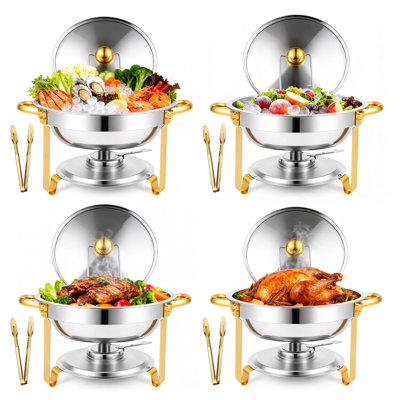 BAOKALER Chafing Dish Buffet Set with 4 Food Tongs,5.3 QT Stainless Steel Chafing Dishes Round Buffet Food Warmer Chafers Set for Parties Catering Event with Glass Lid, Lid Holder 4PCS