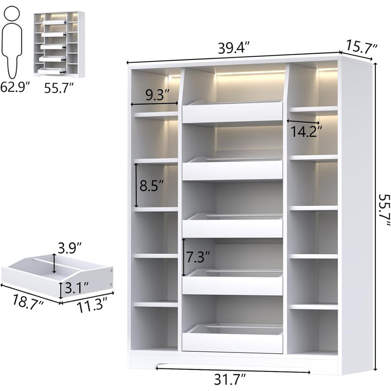 Armoire de rangement moderne pour chaussures et sacs à main à DEL avec 5 tiroirs et 12 tablettes, range-chaussures pour garde-robe, vestibule