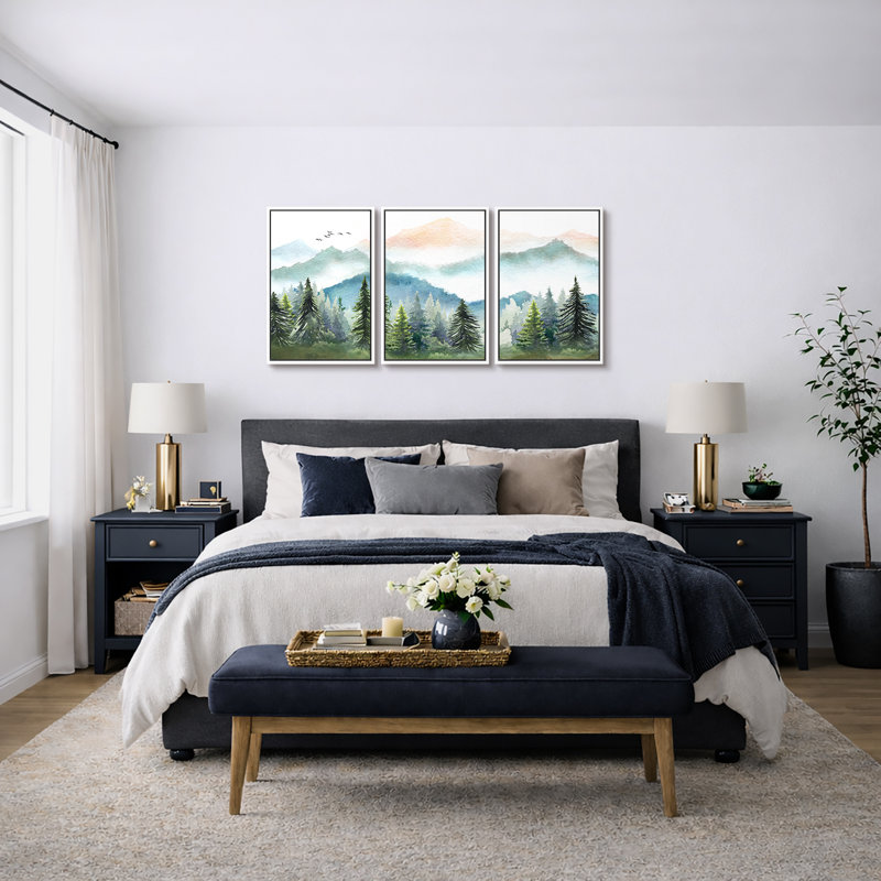 Woodland Forest Landscape "Green Watercolor Pastel Mountain Pine Tree Artwork, Neutral Modern Rustic Wall Pictures, Large Framed Canvas Giclee Print 3 Pieces Wall Art Set"  16"x24"x3 pcs, 24"x36"x3 pcs