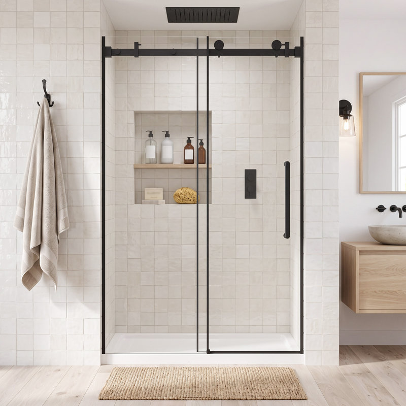 Porte de douche coulissante sans cadre, 112-122 cm L x 193 cm H, noir mat, verre trempé transparent de 6 mm, film anti-explosion, poignée en acier inoxydable, rail tubulaire carré