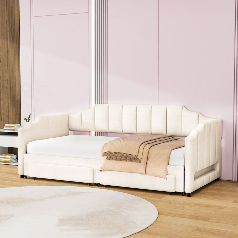 Lit de jour simple TG rembourré avec deux tiroirs, lit gigogne et lumière DEL, Beige