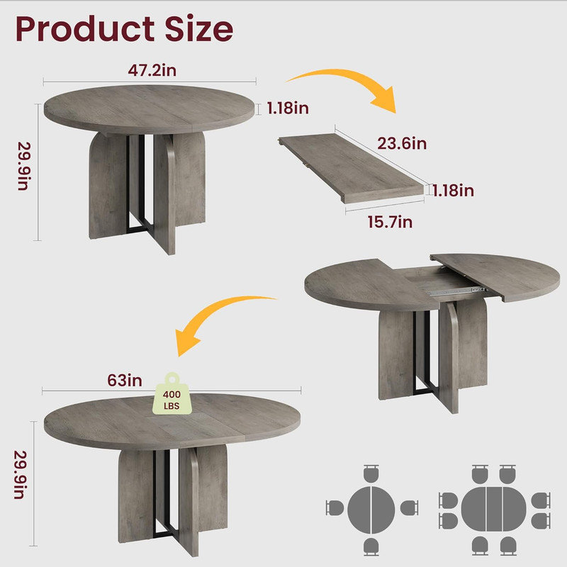 47"-63" Extendable Round to Oval Dining Table for 4-8, Farmhouse Wood Expandable Kitchen Table with Wider Legs, Metal Frame, Space-Saving for Apartment