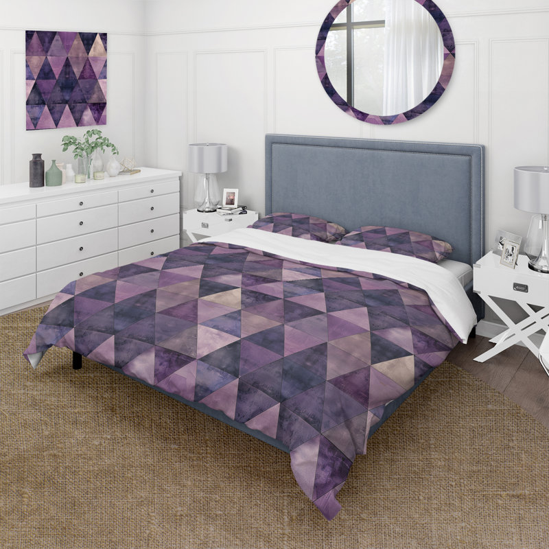 Ensemble de housse de couette mauve Midcentury Triangle, Housse de couette simple + 2 taies décoratives st