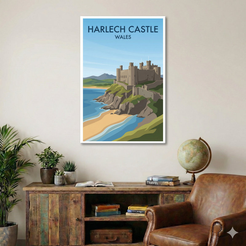 Harlech Castle, Wales - Romantic Coastal Travel Poster of Castle and Sea. Giclee Print on Wrapped Canvas. Wall Art, Home Decor - Castles & Palaces, Wales 1 Piece Wrapped Canvas Wall Art