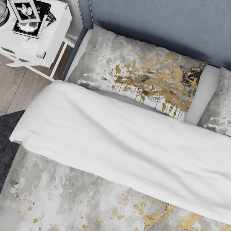 Ensemble de housse de couette en microfibre / polyester blanc et doré, Housse de couette pour très grand lit et 2 très
