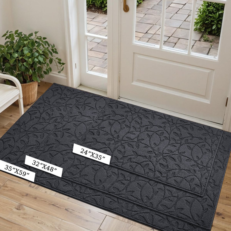 Tapis d'entrée antidérapant Floral, L 35 po x L 59 po, Gris foncé