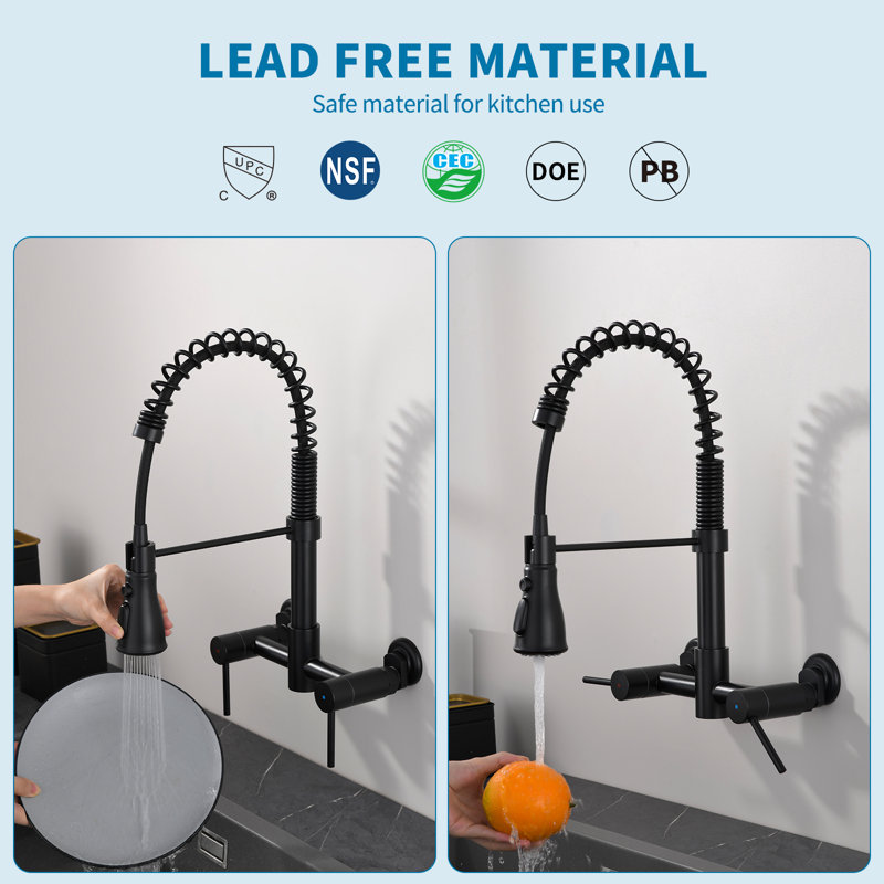 Matte Black 8 Inch Center Wall Mount Kitchen Faucet with Pull Down Sprayer, Matte Black