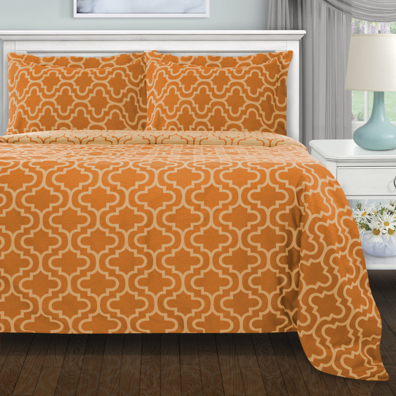 Scotia Trellis100% Cotton Flannel Sheet Set, Cal.King Sheet Set + Fitted Sheet + 2 Pillowcase, Pumpkin Trellis