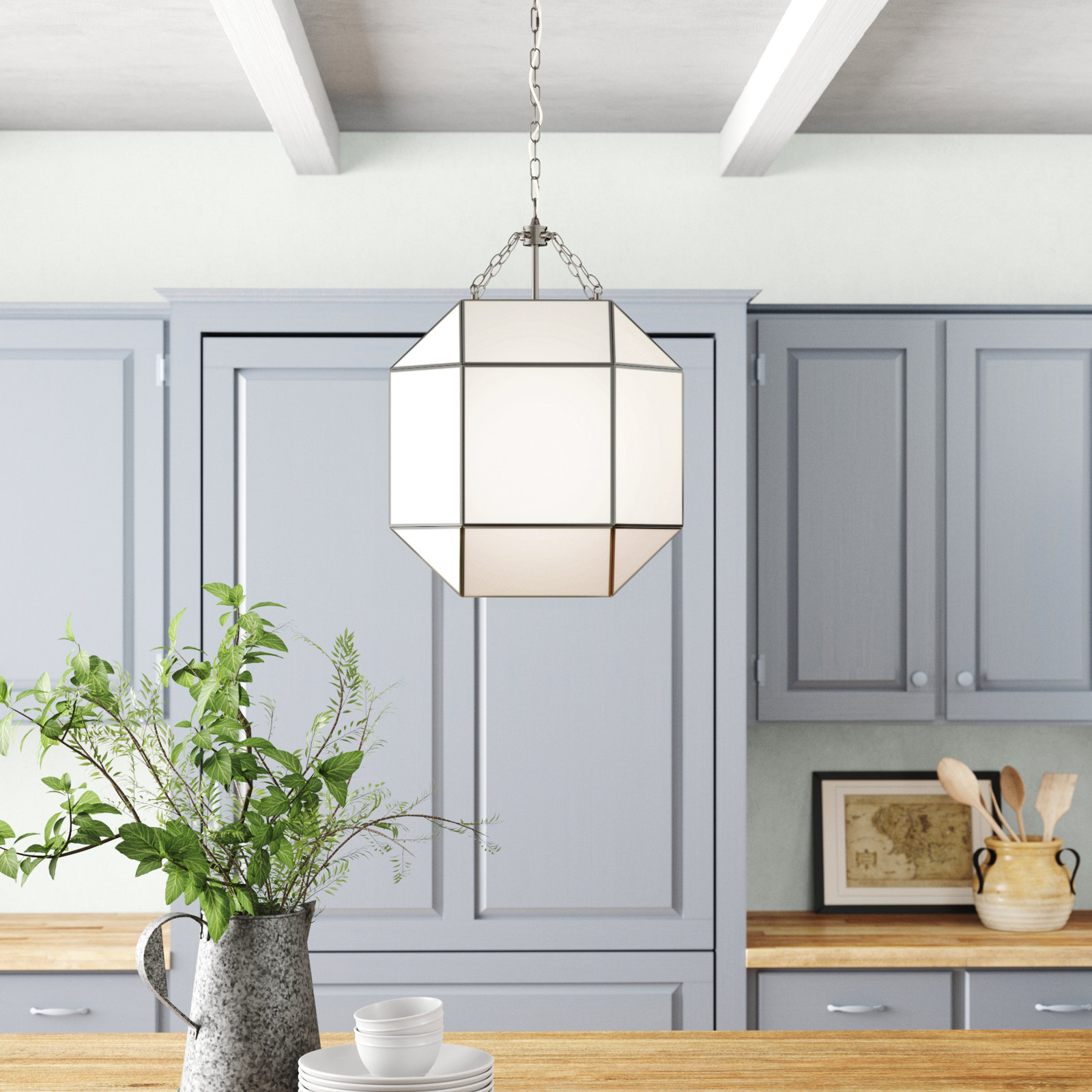 Reid 3 Light Glass Dimmable Pendant, 27.25" H x 18.5" W x 18.5" D, Brushed Nickel, White