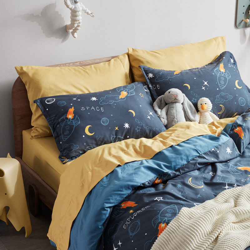  Space Rocket Reversible Duvet Cover Set, Twin Duvet Cover + 1 Sham