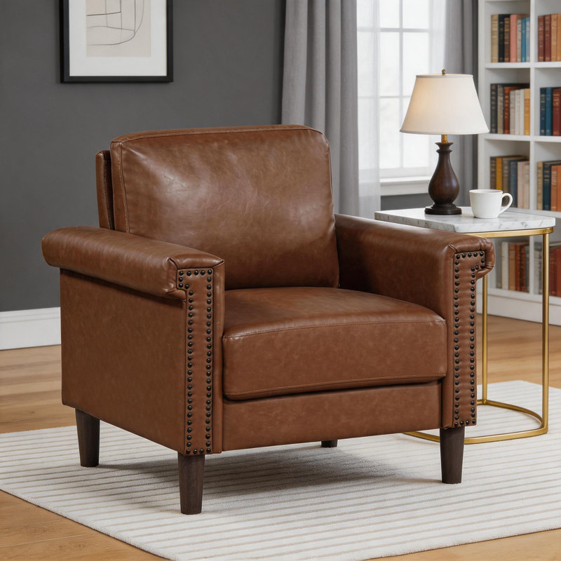 Chaise de salon en simili cuir 34 po Thayer avec siège à ressorts ensachés et garniture cloutée élégante