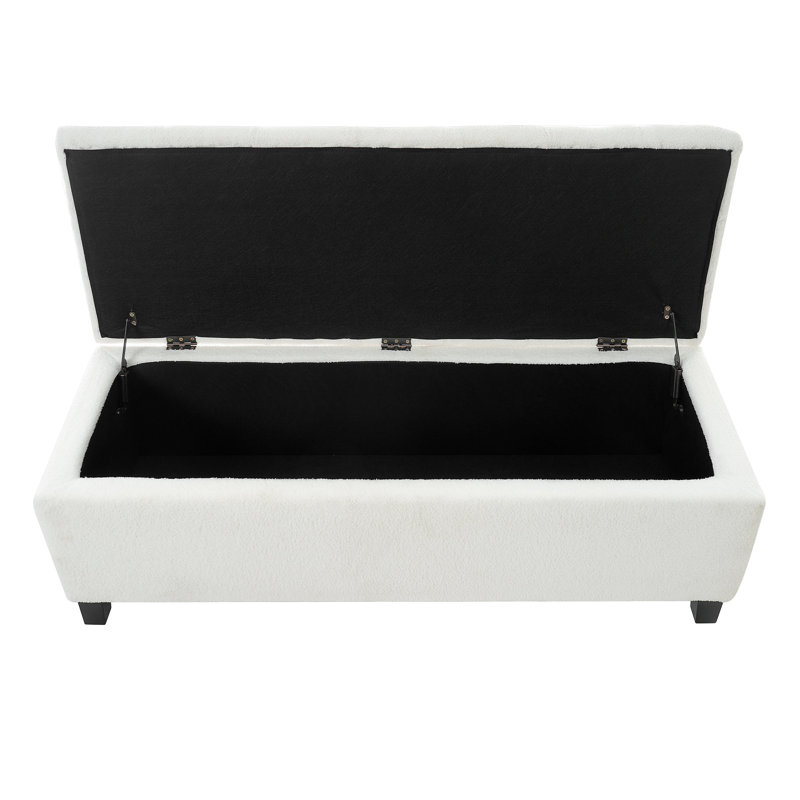 Banc repose-pieds avec rangement, surface bouclée, pieds en bois d'hévéa, Blanc