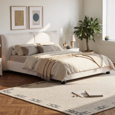 Upholstered Platform Bed with Linen Pillow-Back Headboard, Stitched Flanged Edge Design, Thick Padded Frame, Solid Wood Legs, No Box Spring Needed, Easy Assembly, White