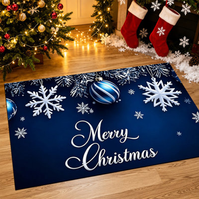 Tapis de porte de Noël antidérapant pour l'intérieur et l'extérieur, 40 x 60 cm, motif flocon de neige bleu