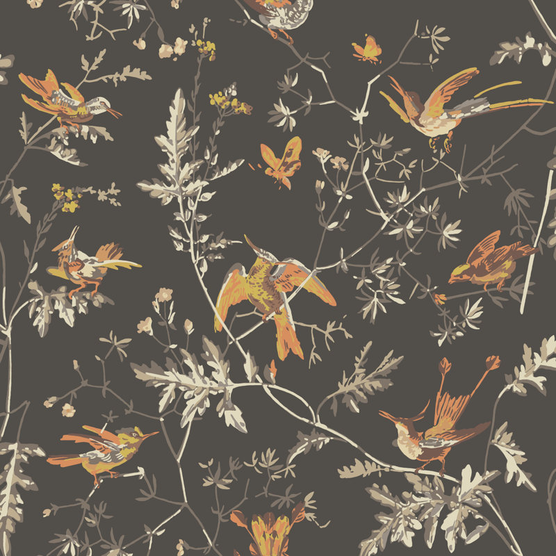 Hummingbirds Floral Wallpaper Roll, Charcoal/Ginger