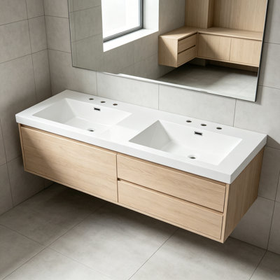 60" Resin Basin For Bathroom Vanity, With Undermount Rectangular Double Sinks, 8 Inch Faucet Holes, Vanity Top Only, Bright White