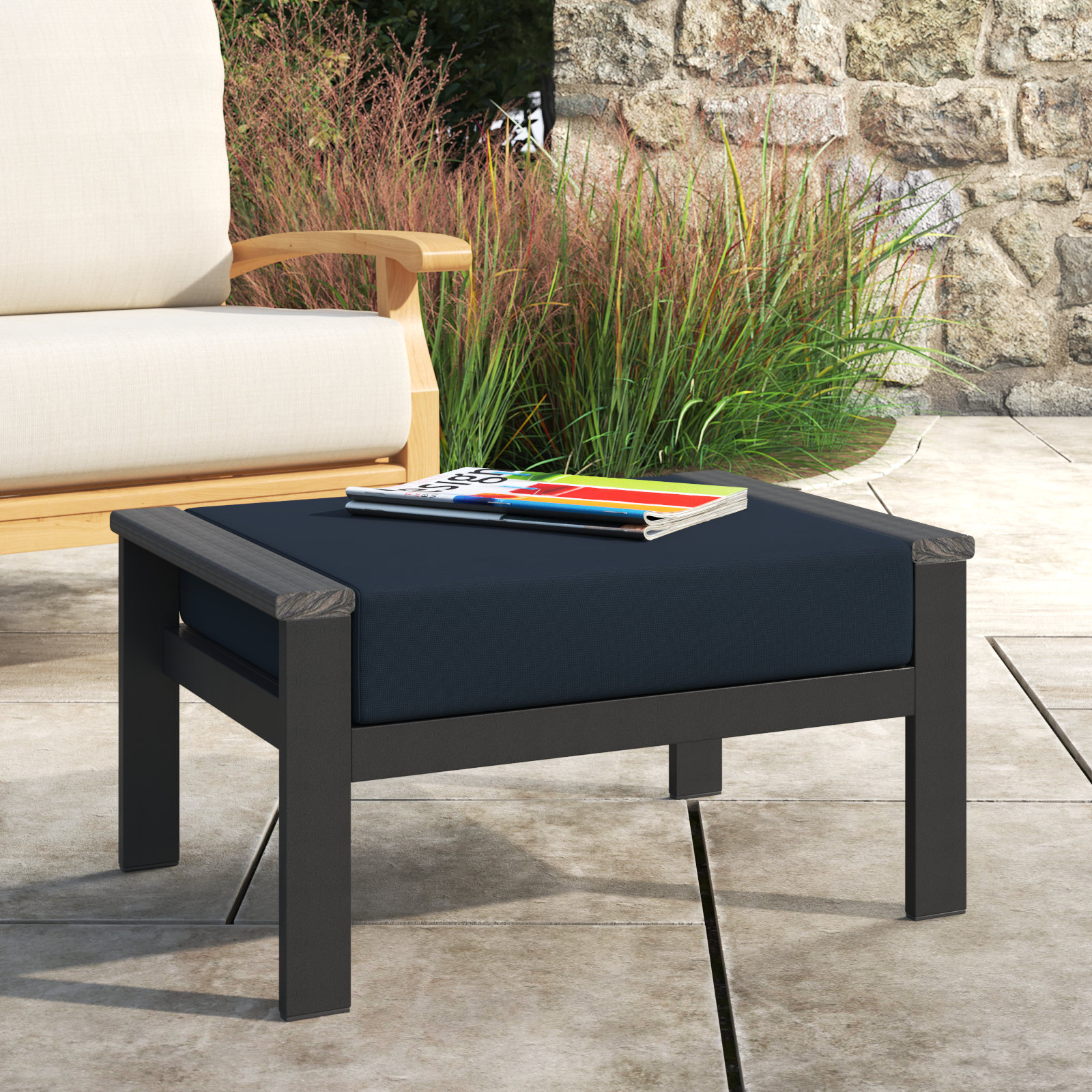 Townsend Sunbrella® Patio Ottoman, Canvas Navy Sunbrella® Canvas, Black, Yes