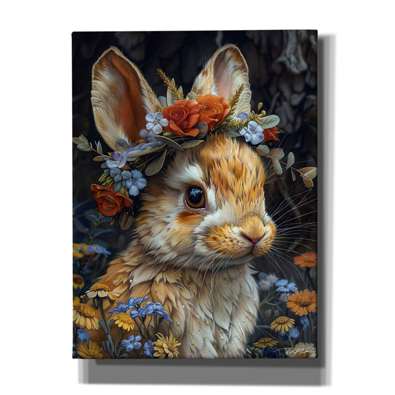 Toile épique «Lapin avec une couronne de fleurs» par Momart, H 16 po x l 12 po x P 0,75 po