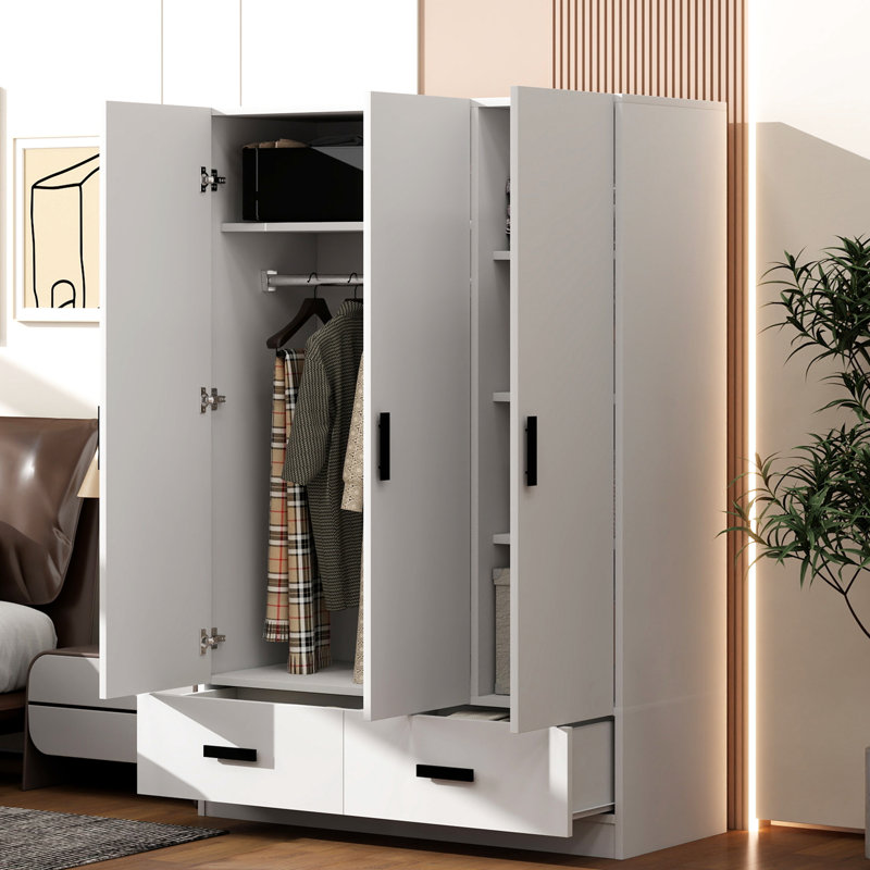 Armoire de rangement blanche avec tringle et compartiments blancs - pratique 3 portes, intérieur spacieux pour une chambre à coucher