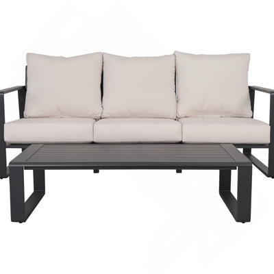 Canapé pour trois personnes + table basse rectangulaire, coussins brun clair