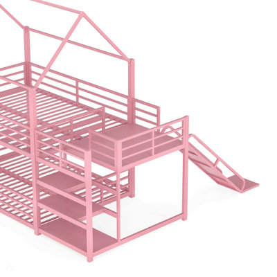 Full Metal House Bunk Bed with Storage Stairs, Slide, Safety Rails
