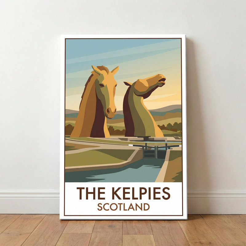 The Kelpies, Scotland - Romantic Canal Guardians Travel Poster. Giclee Print On Wrapped Canvas. Wall Art, Home Decor - Monuments & Sculptures, Scotland - Wrapped Canvas Print
