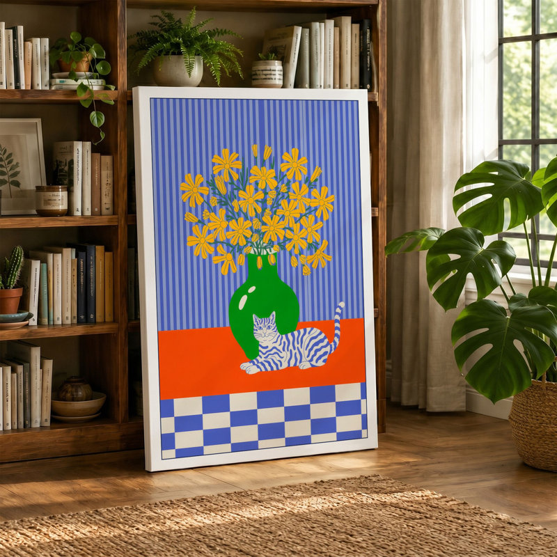 Flowers in Green Vase Boho 1 Piece Wrapped Canvas Wall Art, 30x20 - 76.2 x 50.8 cm, Cream Border