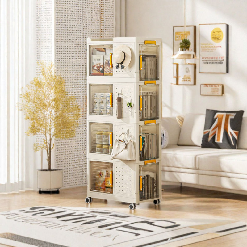 Bibliothèque à 4 niveaux avec roulettes et rangement multifonctionnel