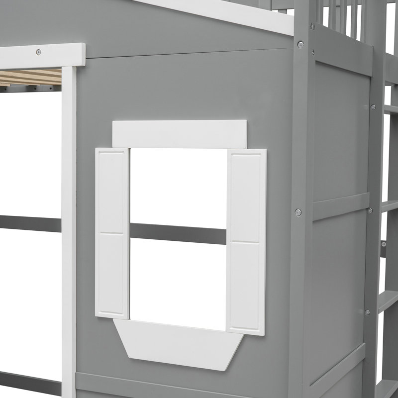 Twin Size House Loft Bed With Ladder, Grey/White, Twin