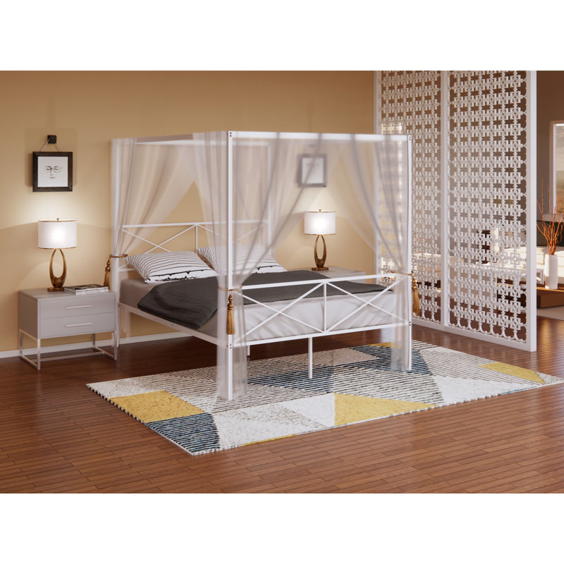 Glendale Queen Size Bed Frame with Modern Designed Headboard and Footboard - Canopy Metal Frame in Powder Coating Linen white