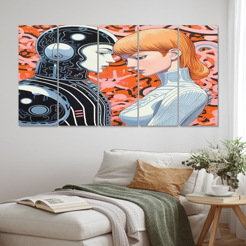 «Hot Robots In Love Retro Illustration I», reproduction sur toile Robot - 5 panneaux égaux
