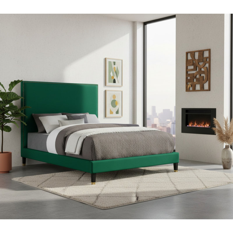 Harlie Velvet Bed, Queen, Green Velvet