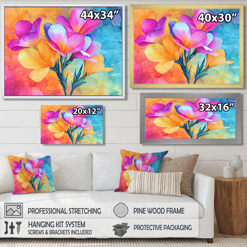Symphonie lumineuse de fleurs de freesia roses et bleues I - Iris, impression murale, H 24 po x l 32 po, Blanc