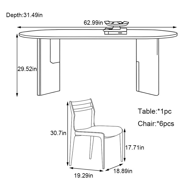 Oval solid wood rock slab dining table set, 29.52"H x 62.99"L x 31.49"W