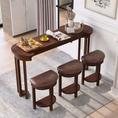 4 Piece Bar Table Set With3 Pu Upholstered Bar Dining Stools, Breakfast Table With 3 Padded Dining Stools Solid Wood Counter Height Dining Table Set