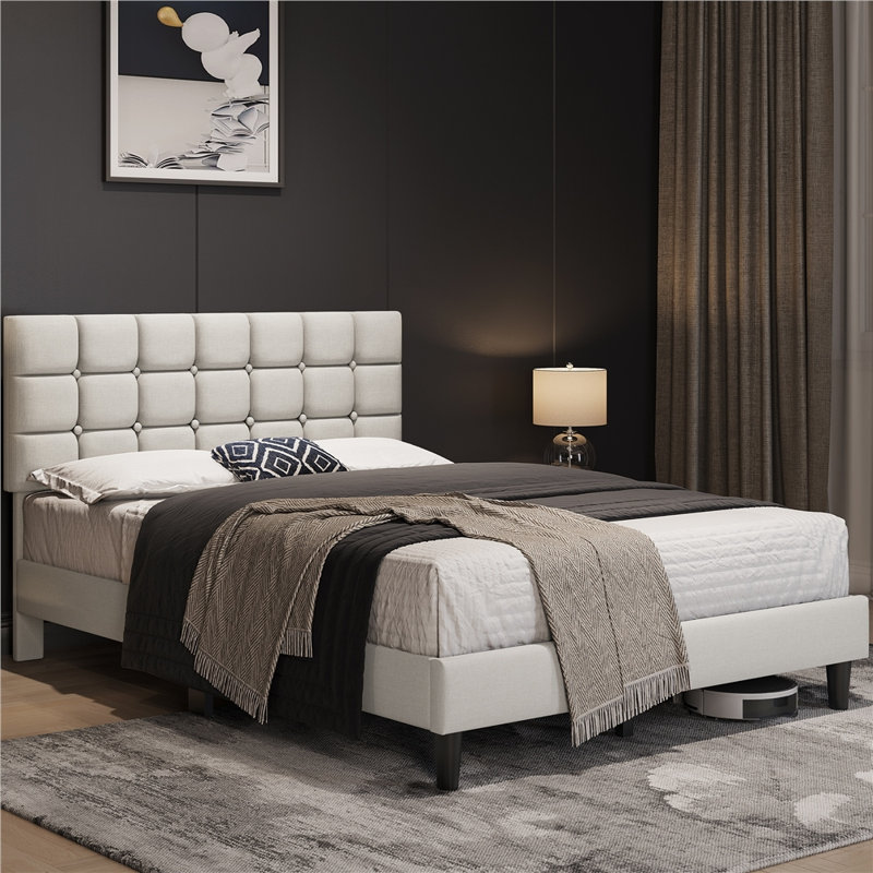 Lit plateforme tapissier Contemporary, Queen, Beige