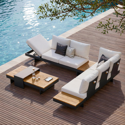 4-Piece Modular Sofa Set L-Shaped Outdoor Conversation Set Teak & Aluminum With Coffee Table For 6 In Ivory