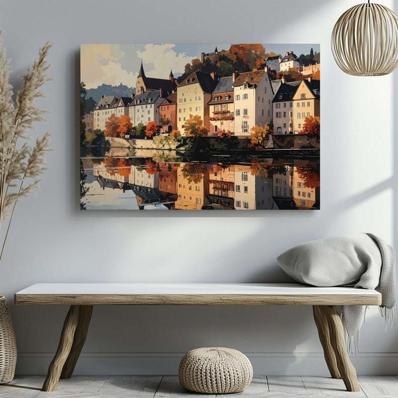 Coucher de soleil, rivière, réflexion, village européen douillet, art mural sur toile, prêt à accrocher, galerie, décoration intérieure, conception moderne, qualité supérieure