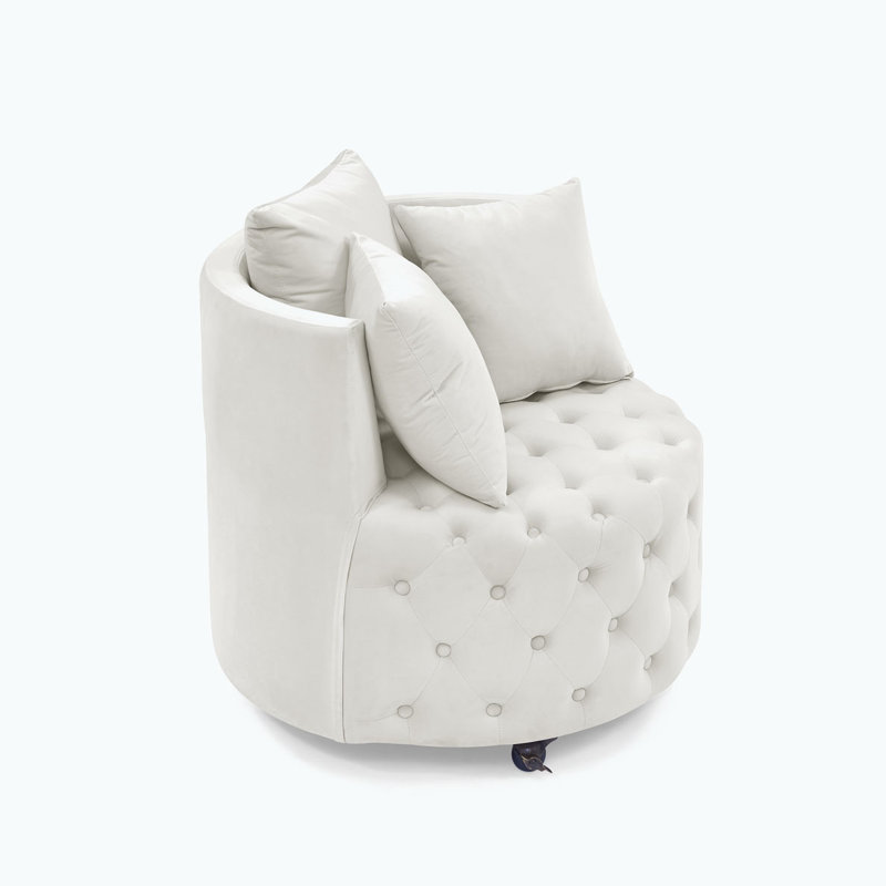 Button Tufted Velvet Upholstered Swivel Chair, Beige Velvet